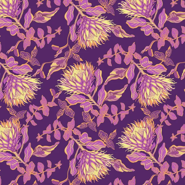 Protea çiçekleri, pürüzsüz desen. Moda, egzotik bir geçmişi var. Vektör çizimi. Kumaş, keten, şal, ambalaj kağıdı, ambalaj kağıdı, lüks markalar için duvar kağıdı deseni tasarlamaya uygundur.