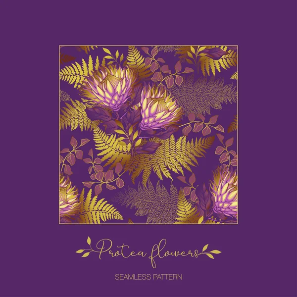 Nahtloses Muster Protea Blüten Goldfarn Vektorillustration Geeignet Für Die Gestaltung — Stockvektor