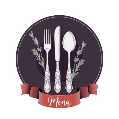 Restoranlar ve düğün davetiyeleri için menü ikonu. Klasik çatal bıçak, kaşık, çatal, bıçak, tabak, kurdele, masa düzenleme, menü, restoran, biberiye dalı, düzenlenebilir vektör.