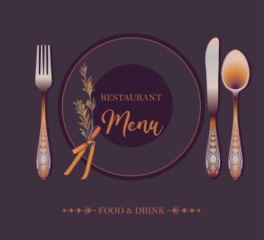 Restoranlar ve düğün davetiyeleri için menü ikonu. Klasik çatal bıçak, kaşık, çatal, bıçak, tabak, kurdele, masa düzenleme, menü, restoran, biberiye dalı, düzenlenebilir vektör.