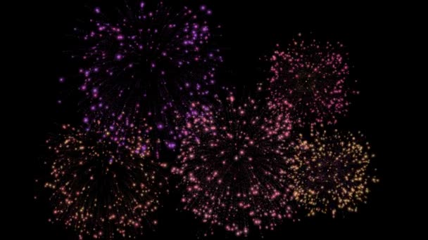 夜空に輝く花火ショー 新年のお祝い カラフルな花火の背景 アルファチャンネルと隔離花火アニメーション — ストック動画