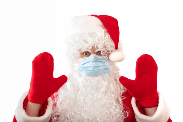 Blick Auf Einen Mann Weihnachtsmannkostüm Mit Medizinischer Maske Und Beide — Stockfoto