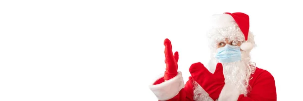 Перед Вами Чоловік Костюмі Санта Клауса Медична Маска Вказівка Обома — стокове фото