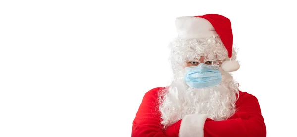 Blick Auf Einen Mann Nikolauskostüm Und Mit Medizinischer Maske Die — Stockfoto