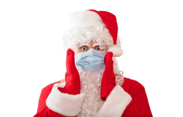 Blick Auf Einen Mann Nikolauskostüm Mit Medizinischer Maske Die Arme — Stockfoto