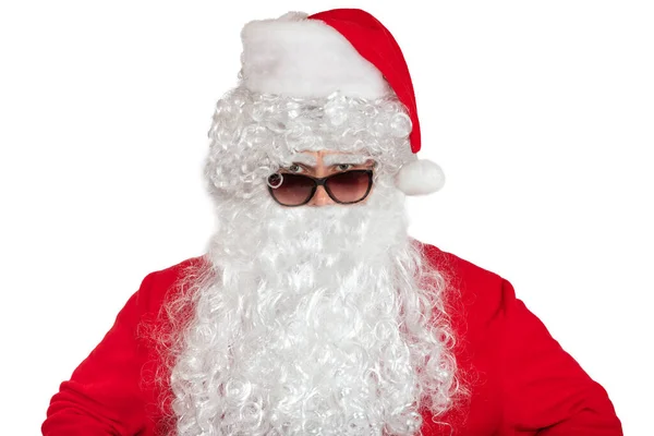 Święty Mikołaj Patrząc Prosto Kamerę Wygląda Wściekłego Poważnego Nosi Okulary — Zdjęcie stockowe