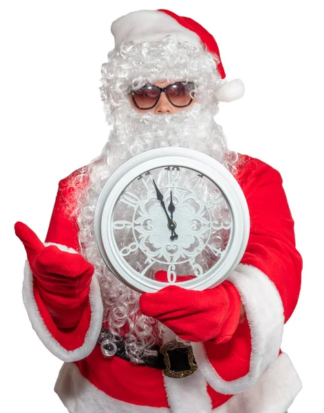 Święty Mikołaj Trzyma Biały Zegar Który Pokazuje Pięć Minut Północy — Zdjęcie stockowe