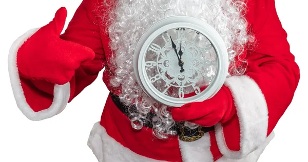 Święty Mikołaj Trzyma Biały Zegar Który Pokazuje Pięć Minut Północy — Zdjęcie stockowe