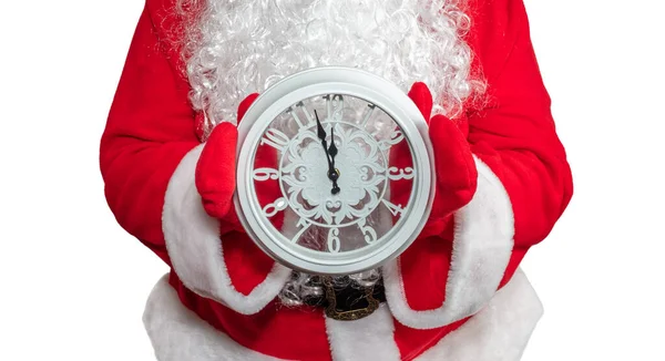 Der Weihnachtsmann Hält Eine Weiße Uhr Mit Beiden Zeigern Die — Stockfoto