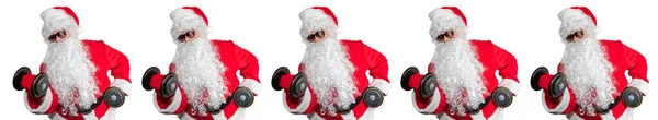 Santa Clauses Working Out Lifting Dumbbells Doing Bicep Curls Pattern — Stock Photo, Image