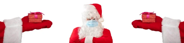 Santa Claus Wearing Medical Mask Pointing Another Santa Claus Who — Stock Photo, Image