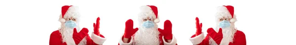 Санта Клаус Медичній Масці Піднявши Обидві Руки Вгору Широко Розплющив — стокове фото