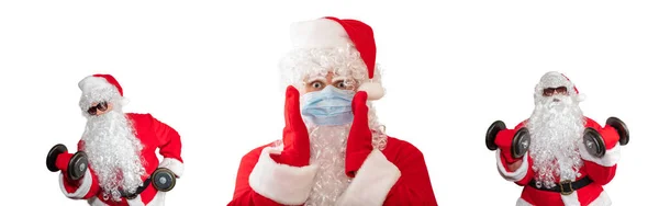 Der Weihnachtsmann Trägt Eine Medizinische Maske Die Arme Vor Dem — Stockfoto