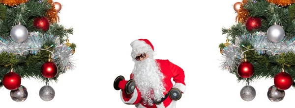 Santa Claus Working Out Two Dumbbells Doing Bicep Curls Santa — Φωτογραφία Αρχείου