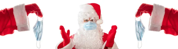 Santa Claus Vistiendo Una Máscara Médica Sus Ojos Brazos Bien — Foto de Stock