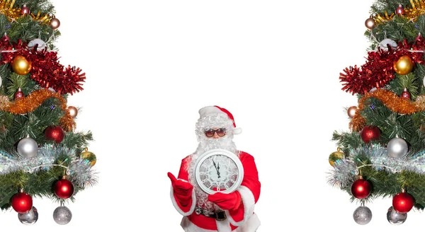 Santa Claus Holding White Clock Which Shows Five Minutes Midnight — Stockfoto