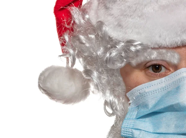 Nahaufnahme Des Weihnachtsmannes Mit Medizinischer Maske Neues Normales Neues Realitätskonzept — Stockfoto