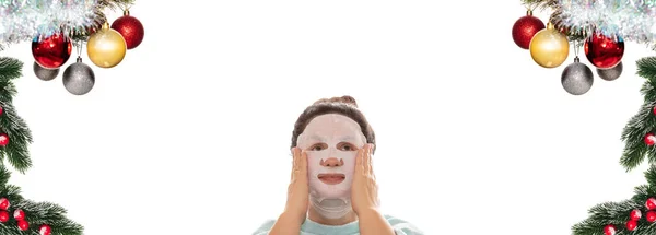 Pretty Woman Applying Moisture Mask Her Face Christmas Fir Twigs — Stockfoto