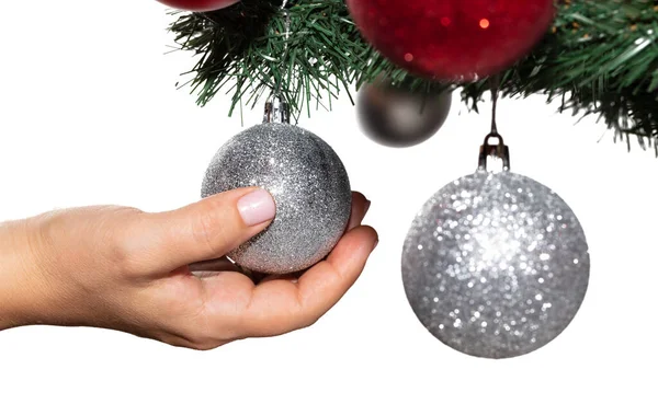 Beautiful Female Hand Holding Glittering White Ball Hanging Decorated Christmas — Φωτογραφία Αρχείου