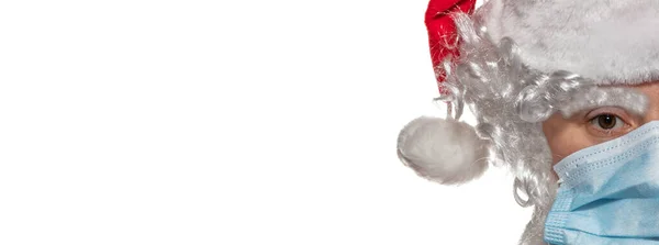 Nahaufnahme Des Weihnachtsmannes Mit Medizinischer Maske Neues Normales Neues Realitätskonzept — Stockfoto