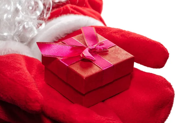 High Angle Close Shot Santa Claus Hands Holding Red Gift — Stockfoto