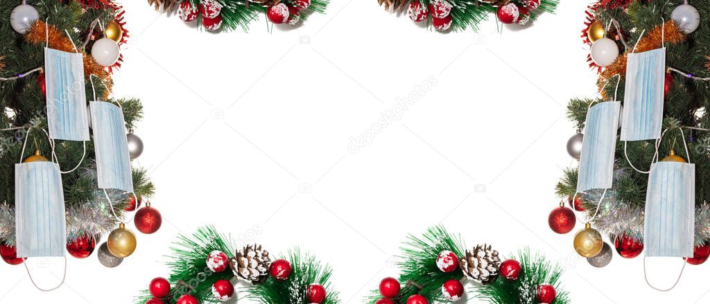 Christmas trees decorated with face masks, colorful balls, and tinsel. Celebrating holidays during pandemic. Safe holiday celebration concept. Isolated on white background. Banner size, copy space.