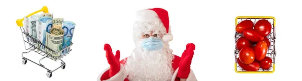 Der Weihnachtsmann Trägt Eine Maske Und Zeigt Auf Reife Schmackhafte — Stockfoto