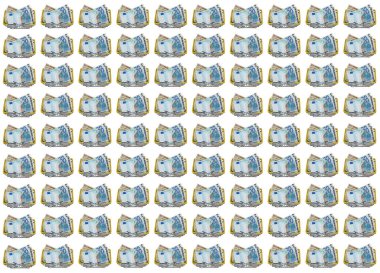 Alışveriş sepetlerine karıştırılmış dolar ve euro banknotları. Beyaz arka plan. İzole edilmiş. Kusursuz desen. Yüksek açı görünümü.