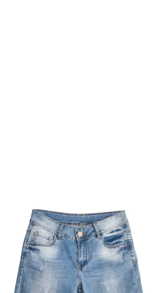 Parte Superior Jeans Azul Claro Isolado Fundo Branco Manchas Brancas — Fotografia de Stock