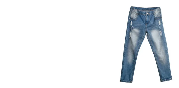 Calça Jeans Azul Claro Isolado Fundo Branco Manchas Brancas Desbotadas — Fotografia de Stock