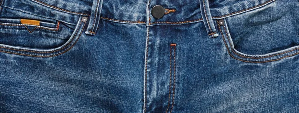 Bolsillos Delanteros Cremallera Botón Jeans Azul Oscuro Primer Plano Concepto —  Fotos de Stock