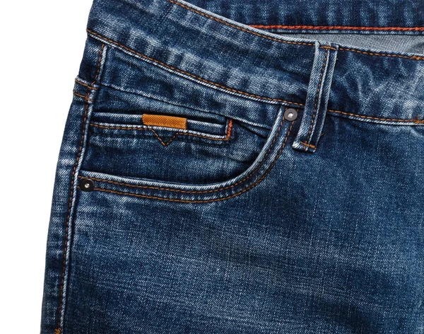 Vordertasche Und Taille Der Dunkelblauen Jeans Isoliert Auf Weißem Hintergrund — Stockfoto