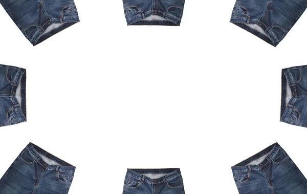 Vordertaschen Taillenbereich Reißverschlüsse Und Knöpfe Von Acht Paar Dunkelblauer Jeans — Stockfoto