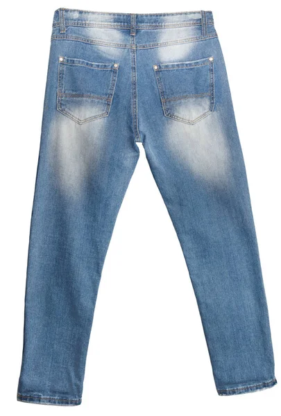 Parte Trás Jeans Azul Claro Isolado Fundo Branco Manchas Brancas — Fotografia de Stock
