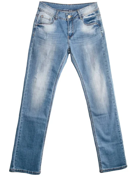 Hellblaue Jeans Isoliert Auf Weißem Hintergrund Verblasste Weiße Flecken Taille — Stockfoto