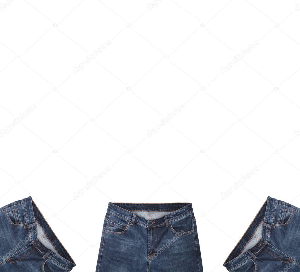 Front pockets, waist areas, zippers, and buttons of three pairs of dark blue jeans isolated on white background. Close up shot. Copy space above jeans. Portrait, vertical size. Clothing concept.