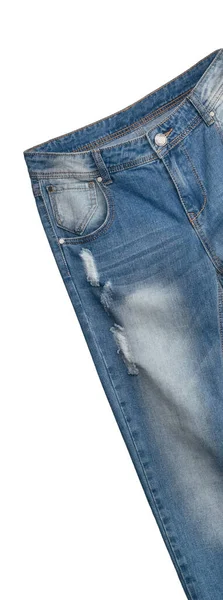Taille Voorzak Beendelen Van Lichtblauwe Jeans Licht Gekanteld Witte Achtergrond — Stockfoto