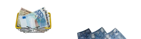 Bovenste Delen Van Drie Paar Blauwe Jeans Licht Gekanteld Dollar — Stockfoto