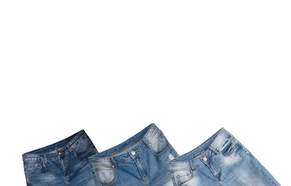 Waist Front Pockets Three Pairs Blue Jeans Slightly Tilted White — Stock Photo, Image