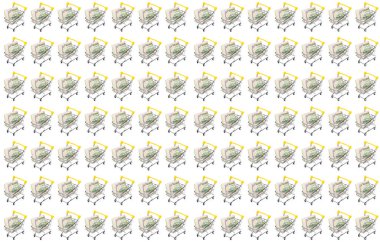 İçinde dolar banknotları olan bir sürü alışveriş arabası. Yüksek açı. Ticaret, alışveriş kavramları. Web sitesi geçmişi. Beyaz arka planda izole edilmiş. Kusursuz desen.