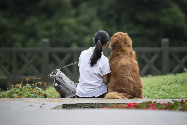 Menina encantadora e seu cão — Fotografia de Stock