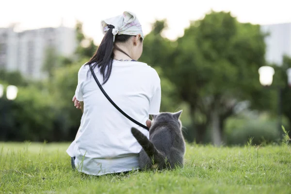 소녀와 회색 고양이 — 스톡 사진