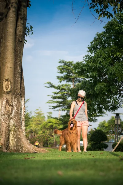 Girls and golden retriever — Stock Photo, Image