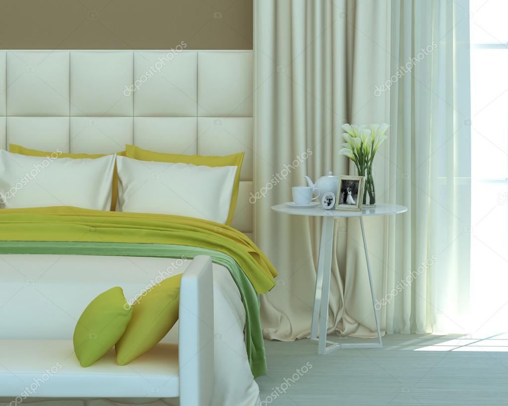 Gele en groene slaapkamer interieur — Stockfoto © liatris #115314134 Gele en groene slaapkamer interieur — Stockfoto © liatris #115314134