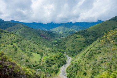 yemyeşil tepeler ve dolambaçlı bir nehir bulutlu bir gökyüzünün altındaki vadiyi dolduruyor.