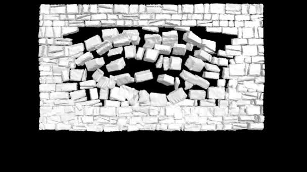 Muur Explosie Vernietiging Animatie Stonewall Instorten Muur Breken Exploderen Doorzichtige — Stockvideo