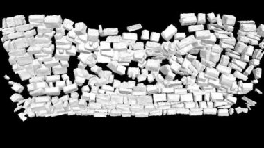 Duvar patlaması, yıkım. Üç boyutlu animasyon. Taş duvar çökmesi, duvar yıkılması. Şeffaf arka plan. Tam HD görüntü. Alfa kanalı dahil. Apple ProRes 4444. 