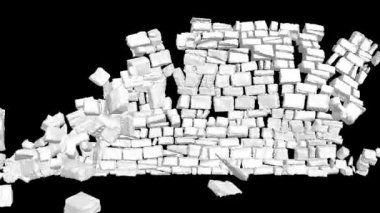 Duvar patlaması, yıkım. Üç boyutlu animasyon. Taş duvar çökmesi, duvar yıkılması. Şeffaf arka plan. Tam HD görüntü. Alfa kanalı dahil. Apple ProRes 4444. 