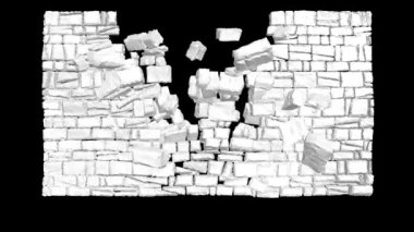 Duvar patlaması, yıkım. Üç boyutlu animasyon. Taş duvar çökmesi, duvar yıkılması. Şeffaf arka plan. Tam HD görüntü. Alfa kanalı dahil. Apple ProRes 4444. 