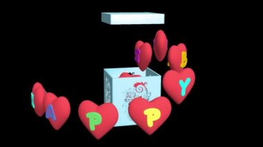Mutlu yıllar, 3 boyutlu animasyon. Doğum günü için harika bir hediye. Tatil kutunuz ve kalpleriniz için tebrikler. Şeffaf arka plan. Alfa kanalı dahil.